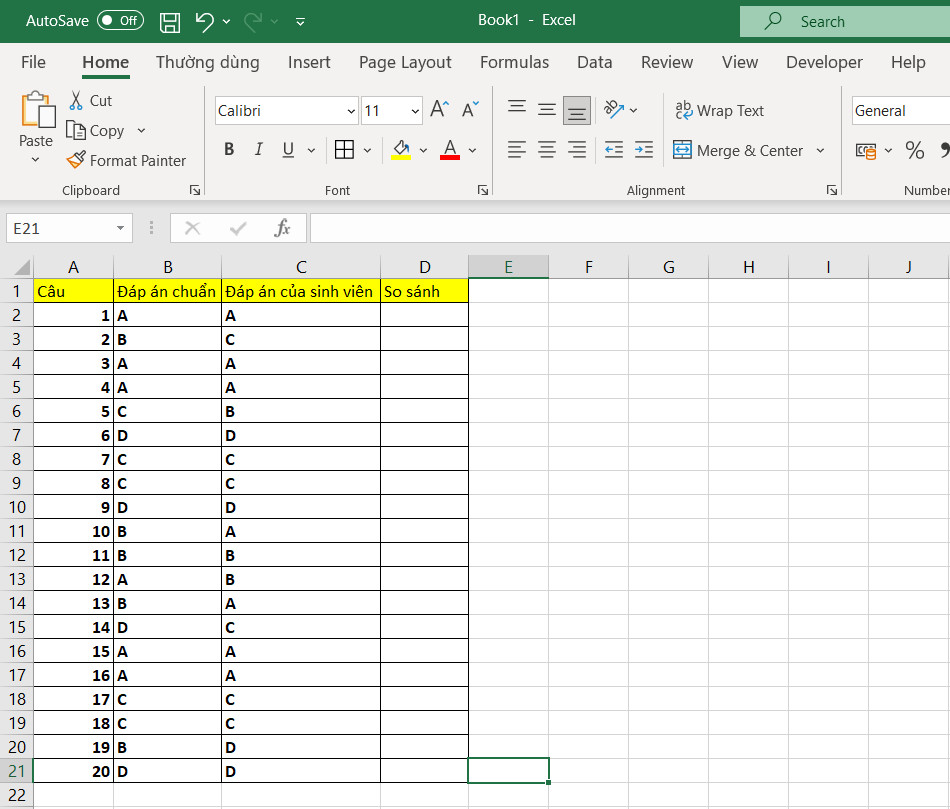 Cách So Sánh Đáp Án Trong Excel - 1