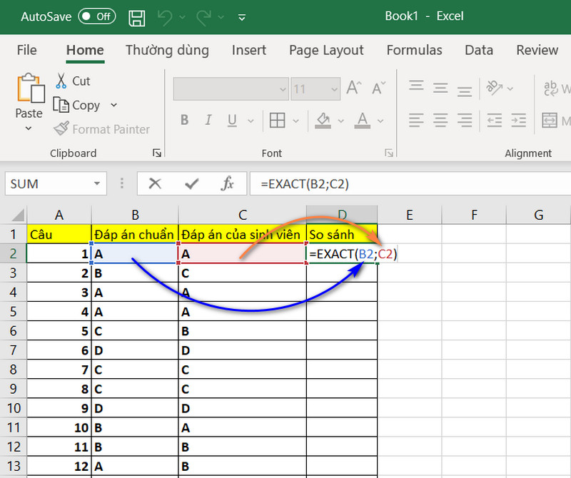 Cách So Sánh Đáp Án Trong Excel - 2