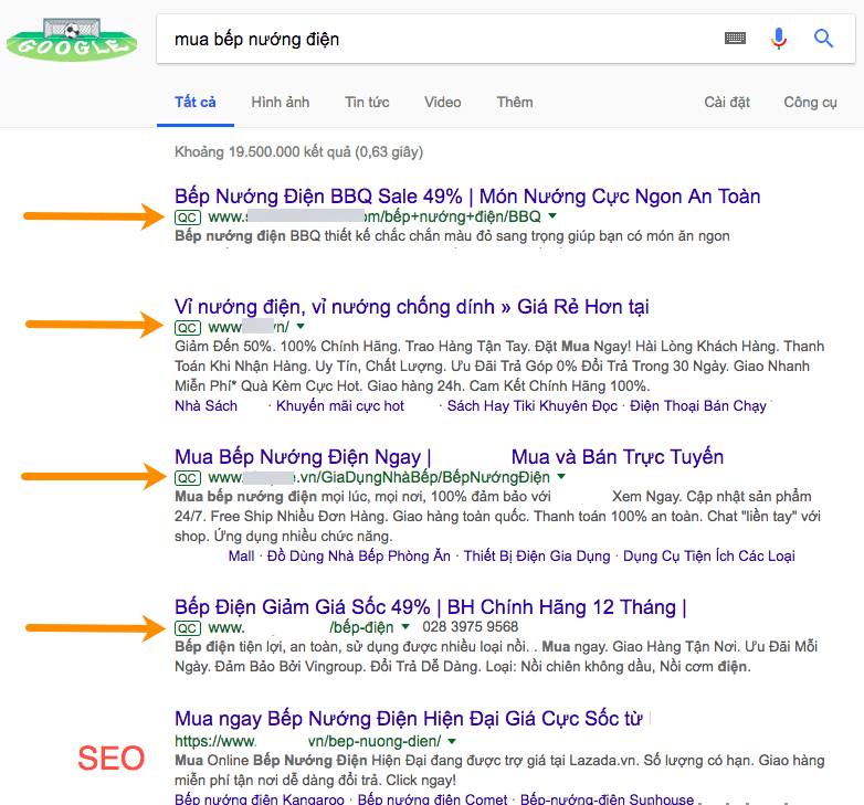 Vị tr&iacute; xuất hiện Quảng c&aacute;o Google Adwords