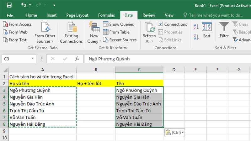 Hướng dẫn t&aacute;ch họ v&agrave; t&ecirc;n th&agrave;nh từng cột ri&ecirc;ng trong Excel - 1