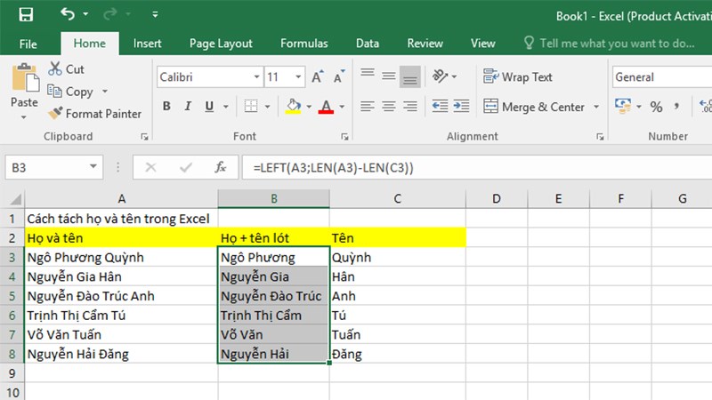 Hướng dẫn t&aacute;ch họ v&agrave; t&ecirc;n th&agrave;nh từng cột ri&ecirc;ng trong Excel - 10